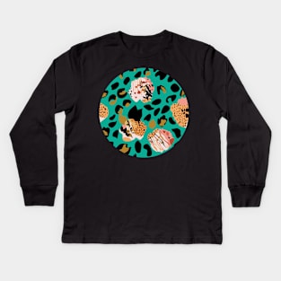 Modern abstract rose and leopard texture green Kids Long Sleeve T-Shirt